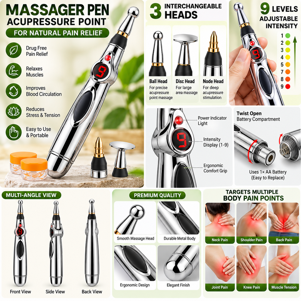 3-in-1 Electric Acupressure Massage Pen with 3 Interchangeable Heads & 9 Adjustable Intensity Levels