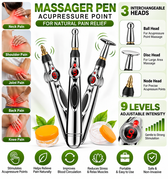 Pen Image Simple 3-in-1 Electric Acupressure Massage Pen with 3 Interchangeable Heads ...