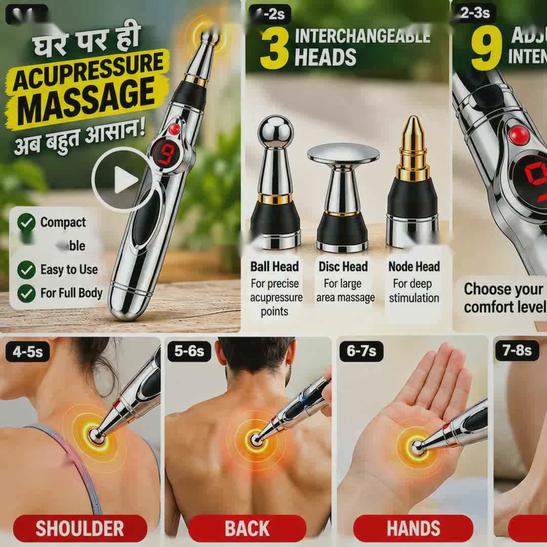 3-in-1 Electric Acupressure Massage Pen with 3 Interchangeable Heads & 9 Adjustable Intensity Levels